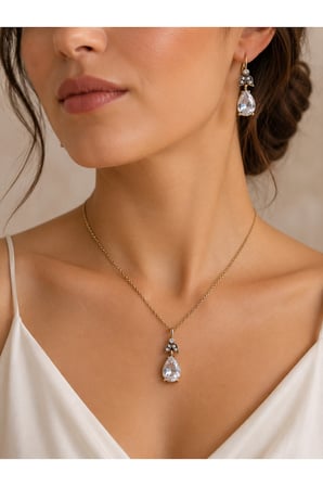 Kristal Taşlı Su Damlası Sallantılı Küpe ve Kolye Seti