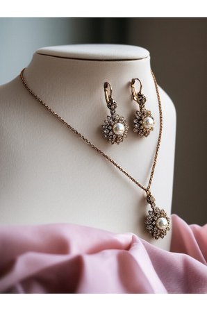 Zirkon Taşlı Çiçek Figür İnci Kolye ve Küpe