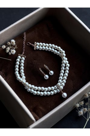 Zirkon Taşlı Tasma Choker İnci Kolye ve İnci Küpe Seti Düğün Nikah Kına