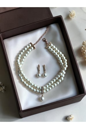 Zirkon Taşlı Tasma Choker İnci Kolye ve İnci Küpe Seti Düğün Nikah Kına