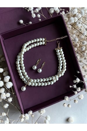 Zirkon Taşlı Tasma Choker İnci Kolye ve İnci Küpe Seti Düğün Nikah Kına