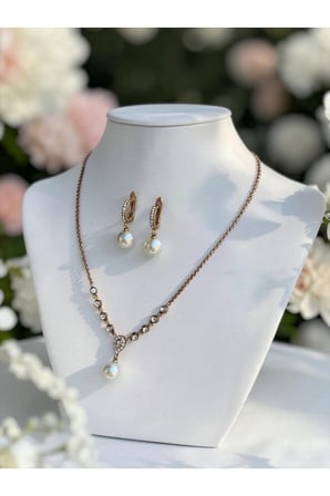 Zirkon Taşlı Su Yolu Zincirli Yuvarlak İnci Kolye ve Küpe Seti Düğün Nikah Kına