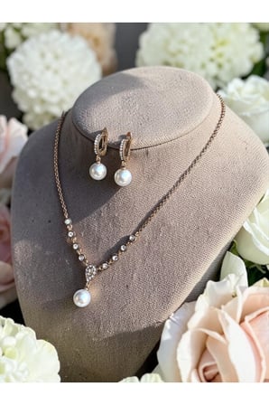 Zirkon Taşlı Su Yolu Zincirli Yuvarlak İnci Kolye ve Küpe Seti Düğün Nikah Kına