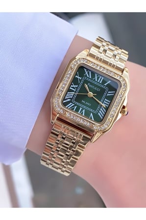 Kadın Gold Kare Vintage Zümrüt Kardan Metal Kordon Kol Saati - Zarif Taş Detaylı Romen Rakamlı