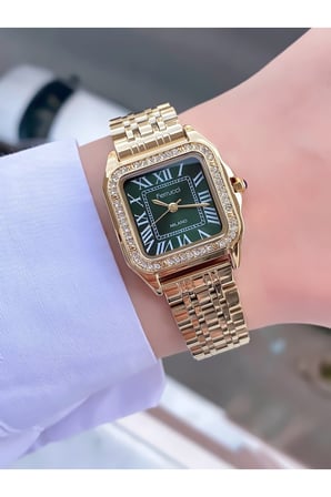 Kadın Gold Kare Vintage Zümrüt Kardan Metal Kordon Kol Saati - Zarif Taş Detaylı Romen Rakamlı