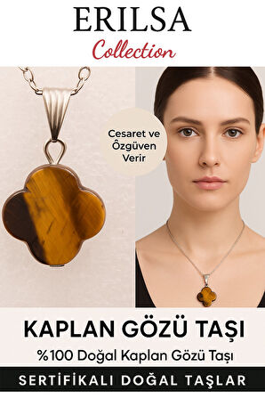 Sertifikalı Yonca Kesim Kaplan Gözü Doğal Taş Kolye – Cesaret Özgüven ve Başarı Taşı