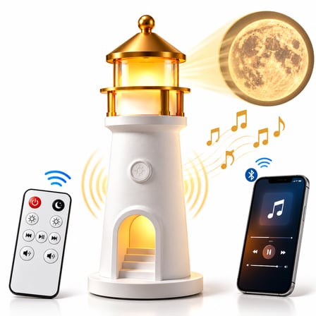 Kenly Deniz Feneri Ay Projeksiyonlu LED Gece Lambası – Bluetooth Hoparlörlü, Kumandalı, Dimmerli, 2400 mAh Şarjlı