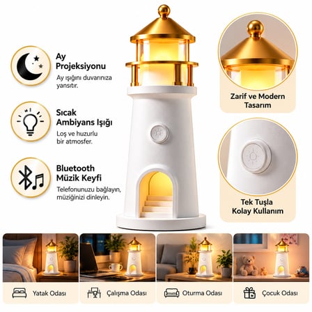 Kenly Deniz Feneri Ay Projeksiyonlu LED Gece Lambası – Bluetooth Hoparlörlü, Kumandalı, Dimmerli, 2400 mAh Şarjlı
