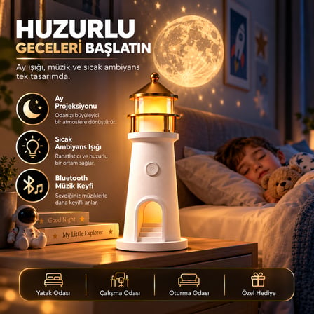 Kenly Deniz Feneri Ay Projeksiyonlu LED Gece Lambası – Bluetooth Hoparlörlü, Kumandalı, Dimmerli, 2400 mAh Şarjlı