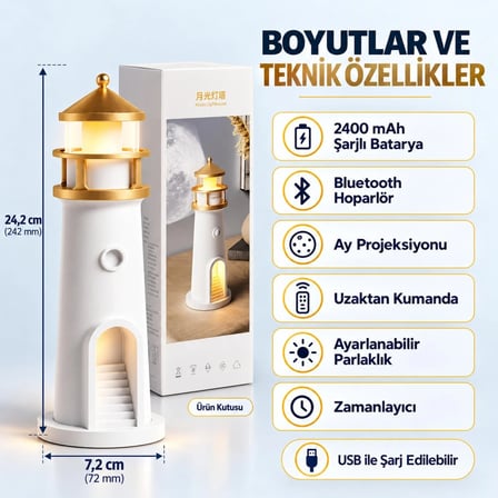 Kenly Deniz Feneri Ay Projeksiyonlu LED Gece Lambası – Bluetooth Hoparlörlü, Kumandalı, Dimmerli, 2400 mAh Şarjlı