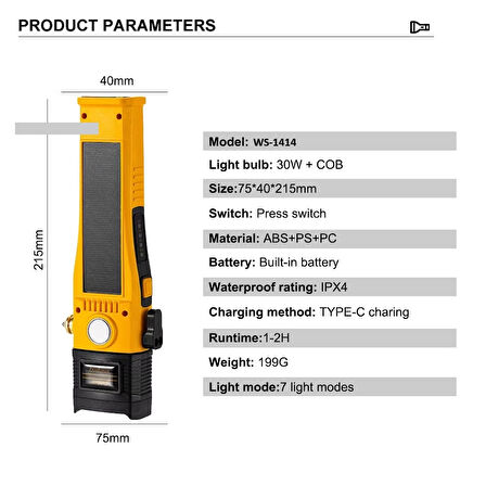 Wison Ws-1414 Cam Kıracaklı Dijital Göstergeli Mıknatıslı Şarjlı Acil Durum Tamirci Feneri