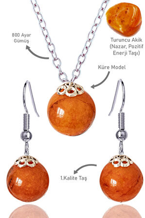 Sertifikalı Küre Model Turuncu Akik Taşı Kolye ve Küpe Seti - Gümüş Aparatlı