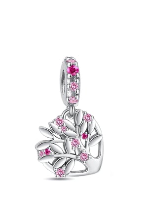 Pembe Taşlı Aile Ağacı Kalp Sallantılı 925 Ayar Gümüş  Charm