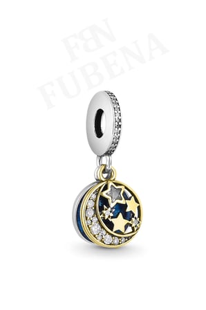  İki Renkli Ay Ve Yıldızlar Disk Sallantılı 925 Ayar Gümüş Charm