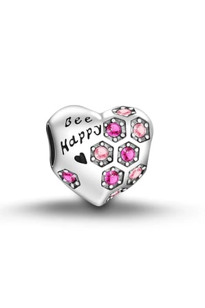  Mutlu Ol Pembe Taşlı Kalp 925 Ayar Gümüş Charm