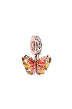  Sarı ve Turuncu Tonlu Murano Rose Kelebek Sallantılı 925 Ayar  Gümüş  Charm