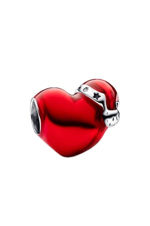  Kırmızı Noel Şapkalı Kalp 925 Ayar Gümüş Charm
