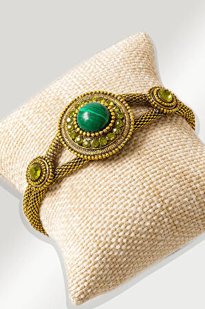 Sertifikalı Zebercet İşlemeli Model Malahit Taşı Bileklik - Ayarlamalı