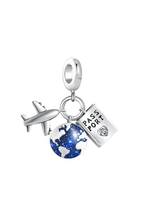 Uçak Dünya Ve Pasaport Sallantılı 925 Ayar Gümüş  Charm