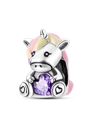  Mor Taşlı Unicorn 925 Ayar Gümüş Charm
