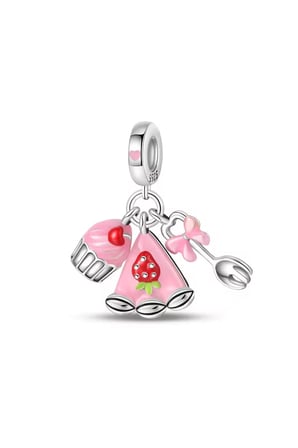 Pembe Pizza, Cupkek ve Çatal Sallantılı 925 Ayar Gümüş Charm Charm