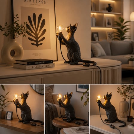 Siyah Sfenks Kedi Tasarımlı Masa Lambası