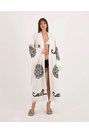 Müslin Kimono %100 Pamuklu Leopar Baskılı Desenli Bornoz Kaftan Sabahlık