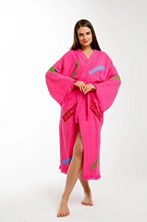 Müslin Kimono %100 Pamuklu Karayip Adaları Baskılı Bornoz Kaftan Sabahlık