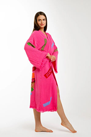 Müslin Kimono %100 Pamuklu Karayip Adaları Baskılı Bornoz Kaftan Sabahlık