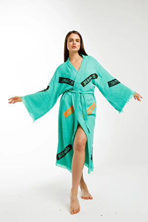 Müslin Kimono %100 Pamuklu Karayip Adaları Baskılı Bornoz Kaftan Sabahlık