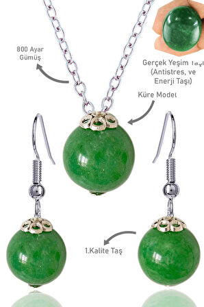 Sertifikalı Küre Model Yeşim Taşı Kolye ve Küpe Seti - Gümüş Aparatlı