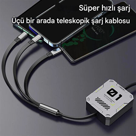Zuidid FC151 3 Ü 1 Arada 100W 3A Hızlı Şarjlı 1.2 Metre Geri Çekilebilir Çoklu Şarj Kablosu