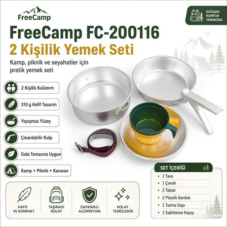 FreeCamp FC-200116 Outdoor 2 Kişilik Yemek Seti - Tava, Tabak, Çanak