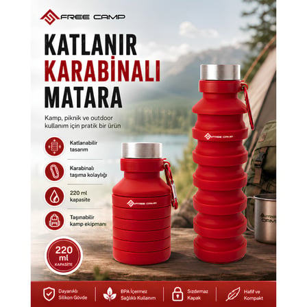 FreeCamp FC-205266-KRM Katlanır Karabinalı Matara 220 ml Kırmızı