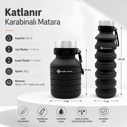 FreeCamp FC-205266-SYH Katlanır Karabinalı Matara Siyah