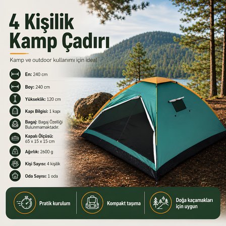 FreeCamp FC-205770-YSL Monodome Plus 4 Kişilik Kamp Çadırı Yeşil
