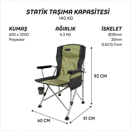 FreeCamp FC-205928 Huxley Trail Profesyonel Katlanır ve Taşınabilir Konforlu Sandalye Haki-Siyah