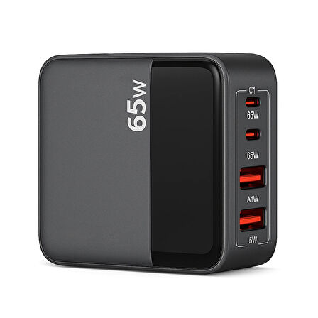 65W Hızlı Şarj Adaptörü | 2 Type-C + 2 USB-A Çoklu Port | Laptop Telefon Tablet Uyumlu | Akıllı Güç Dağıtımı | Kompakt Tasarım