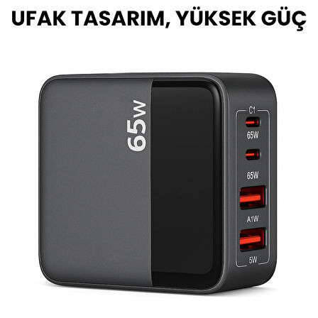 65W Hızlı Şarj Adaptörü | 2 Type-C + 2 USB-A Çoklu Port | Laptop Telefon Tablet Uyumlu | Akıllı Güç Dağıtımı | Kompakt Tasarım