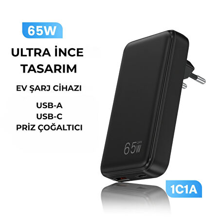 65W GaN Hızlı Şarj Cihazı – Çift Port (USB-A + USB-C), Akıllı Isı Kontrolü, Seyahat Dostu Kompakt Tasarım