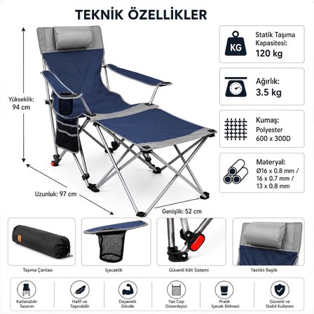 FreeCamp FC-PHOENIX-205929-LCT Phoenix Katlanır Masalı Baş Destekli Sandalye Lacivert-Gri