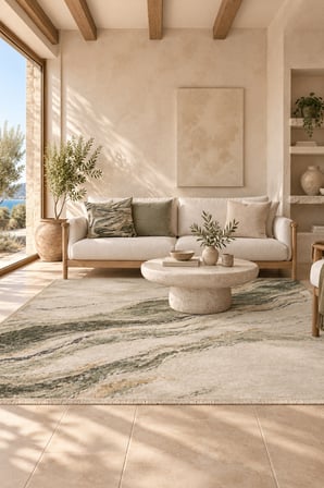 FULY CONSEPT StoneFlow Sage Mineral Kaymaz Tabanlı Saçaklı Yıkanabilir Halı Haki Yeşil Bej