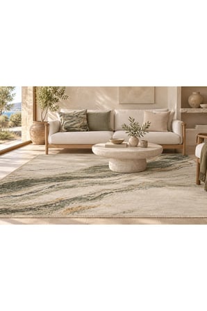FULY CONSEPT StoneFlow Sage Mineral Kaymaz Tabanlı Saçaklı Yıkanabilir Halı Haki Yeşil Bej