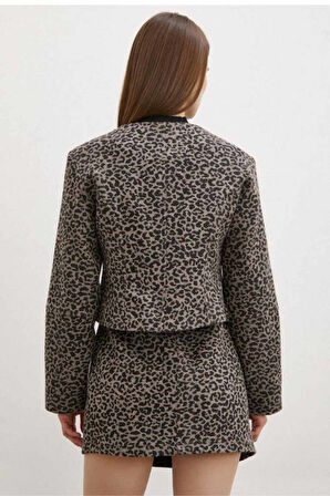 DÜĞME KAPAMALI CROP CEKET MINI ETEK SHANY ZARA MODEL LEOPAR DESEN TAKIMI