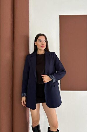 KRUVAZE YAKA İÇİ ÇİZGİ DESEN ASTARLI BLAZER CEKET MARKA MUADİL