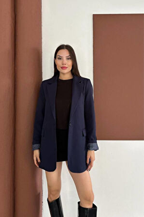 KRUVAZE YAKA İÇİ ÇİZGİ DESEN ASTARLI BLAZER CEKET MARKA MUADİL