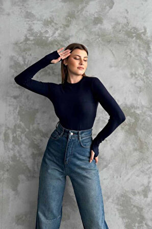 OYSHO BİSİKLET YAKA BASİC PARMAK GEÇİRMELİ UZUN KOLLU BODY