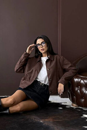 YAKALI MODEL SUNİ SÜET ASTARLI KISA CEP DETAYLI CEKET