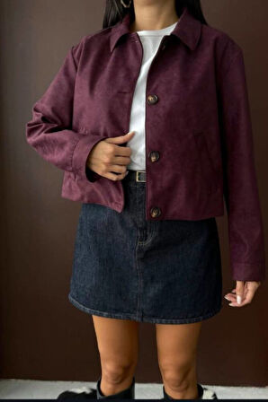 YAKALI MODEL SUNİ SÜET ASTARLI KISA CEP DETAYLI CEKET