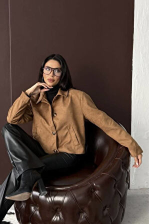 YAKALI MODEL SUNİ SÜET ASTARLI KISA CEP DETAYLI CEKET